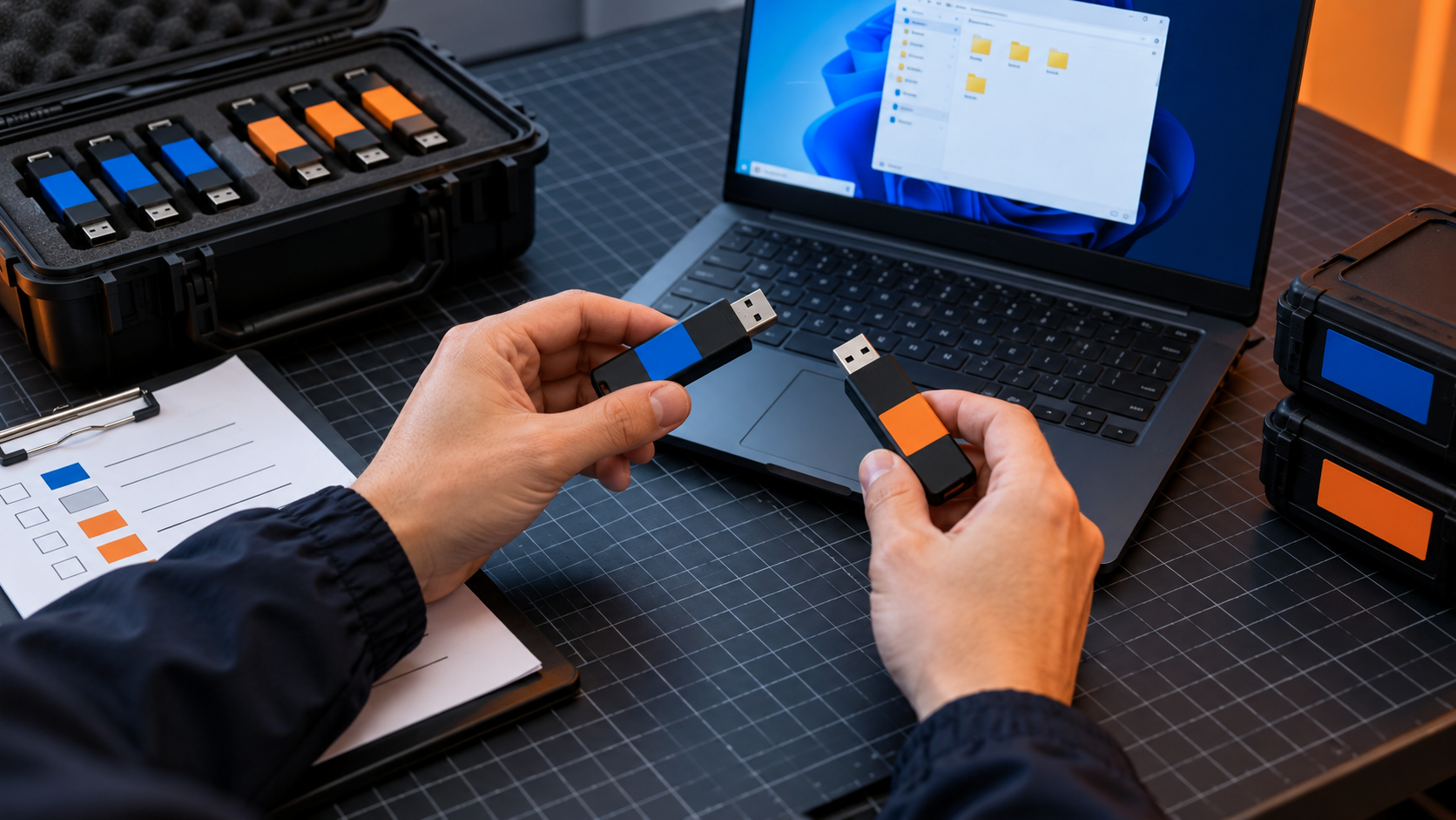 Faceless analyst preparing clean USB handoff delivery copies