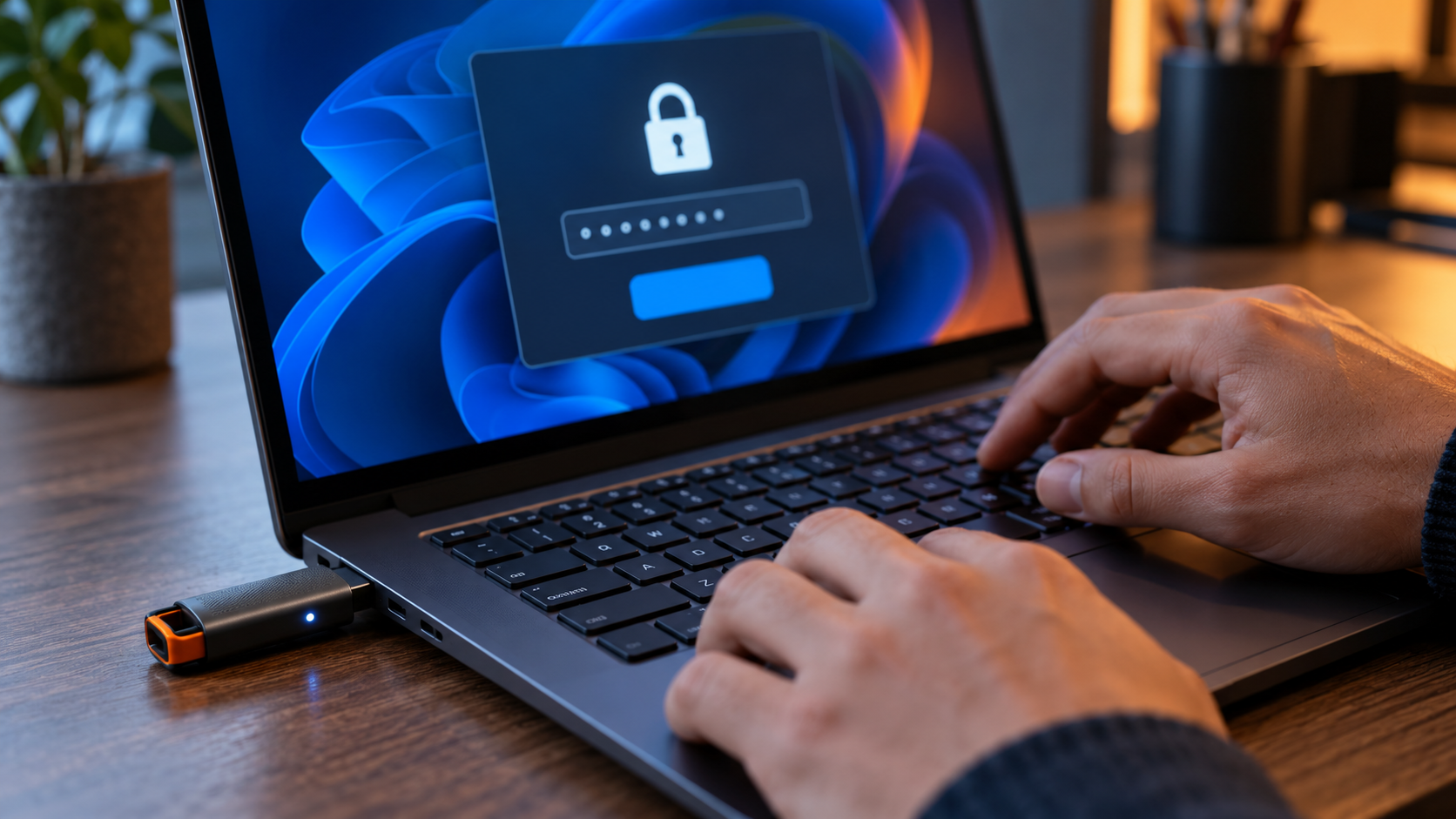 Hands password-protecting an USB handoff delivery USB