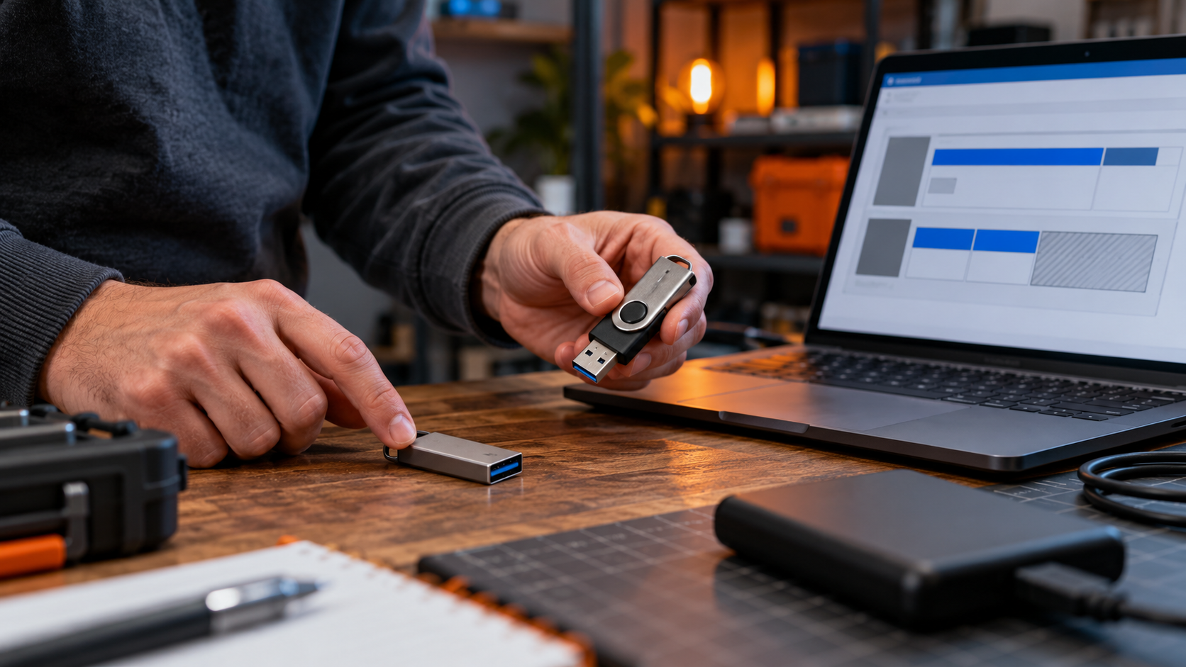 Faceless professional comparing removable-drive protection options