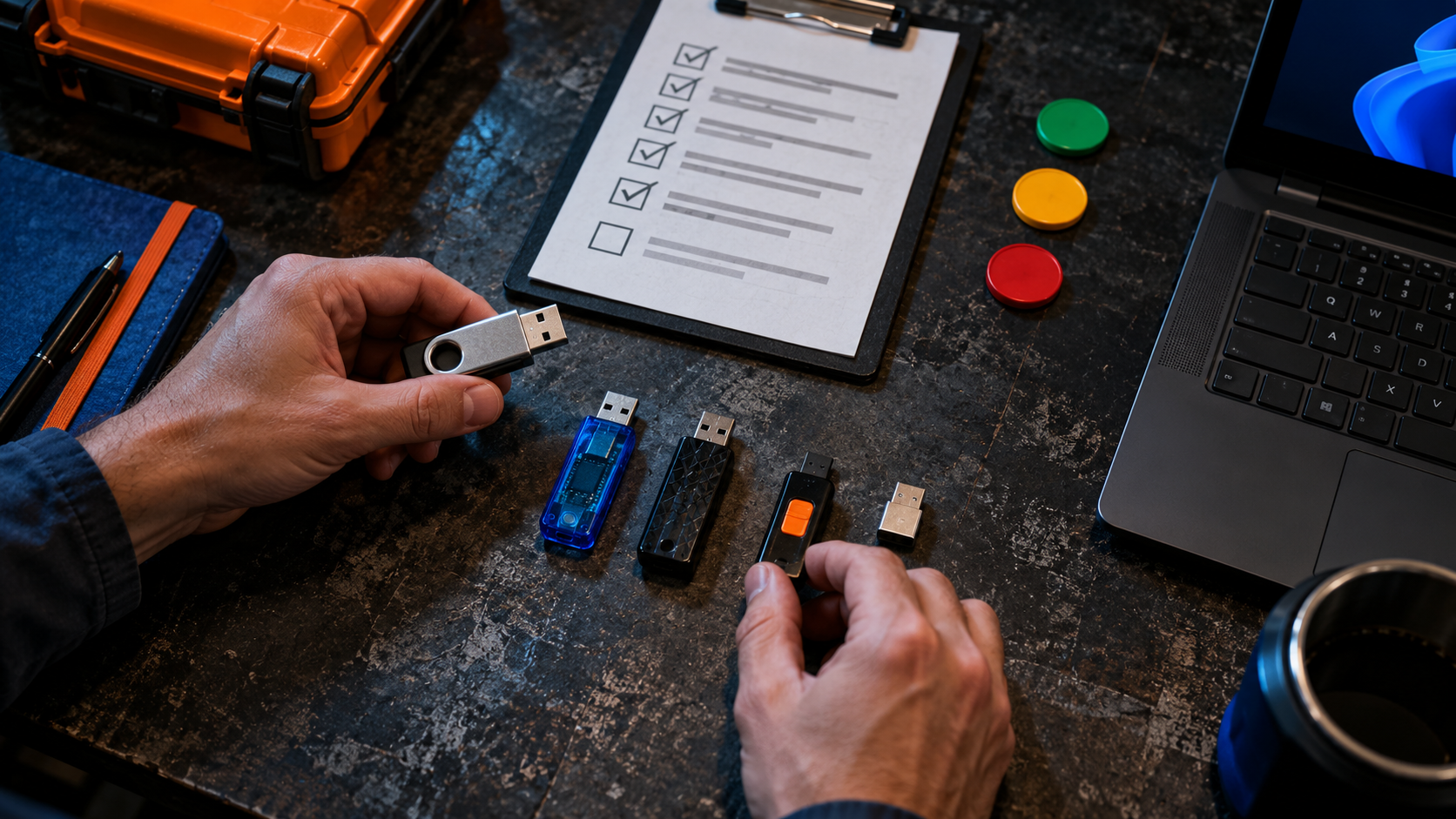 Hands documenting USB delivery data transfer record
