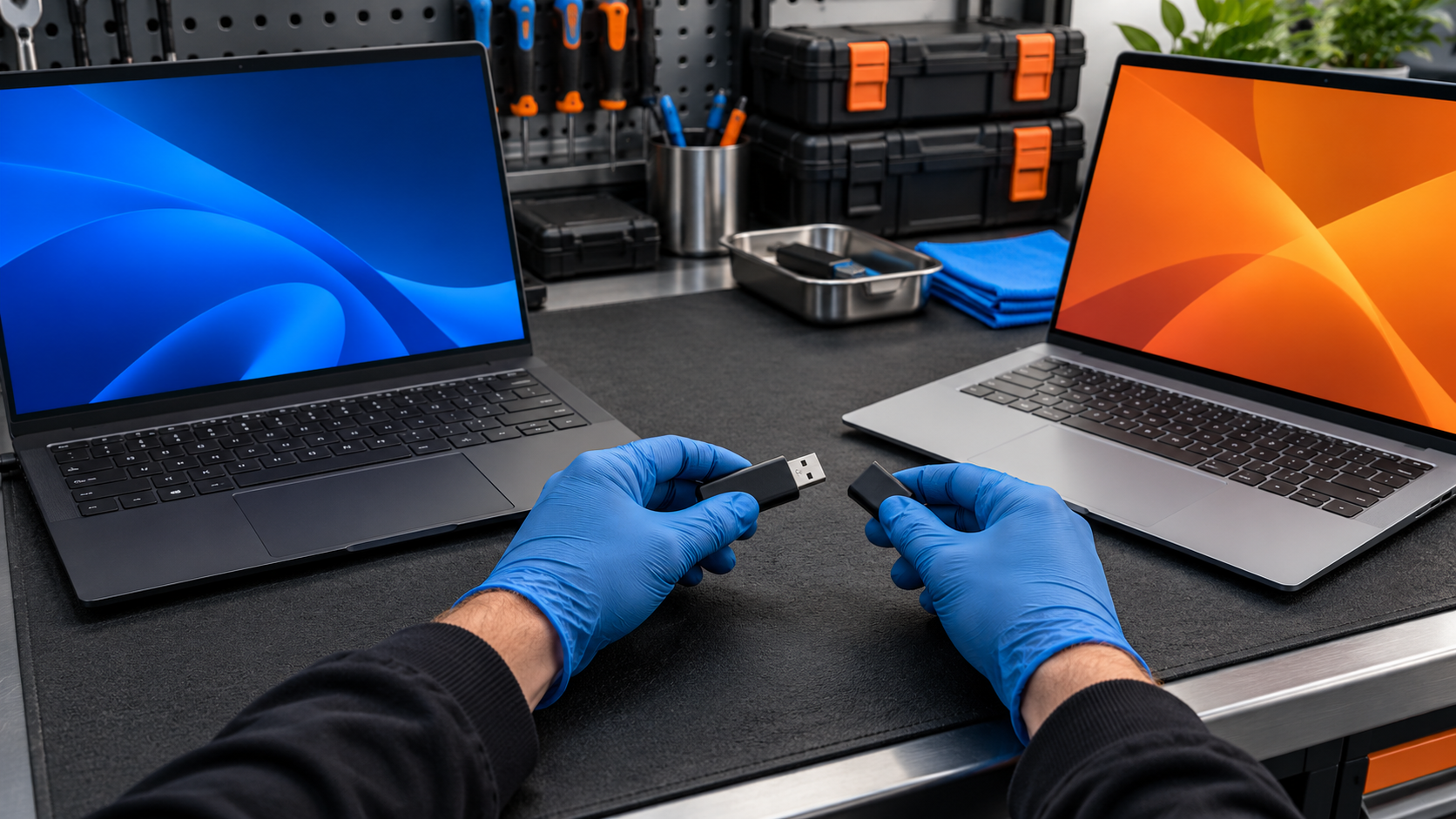 Faceless USB handoff coordinator sealing a USB delivery data handoff kit